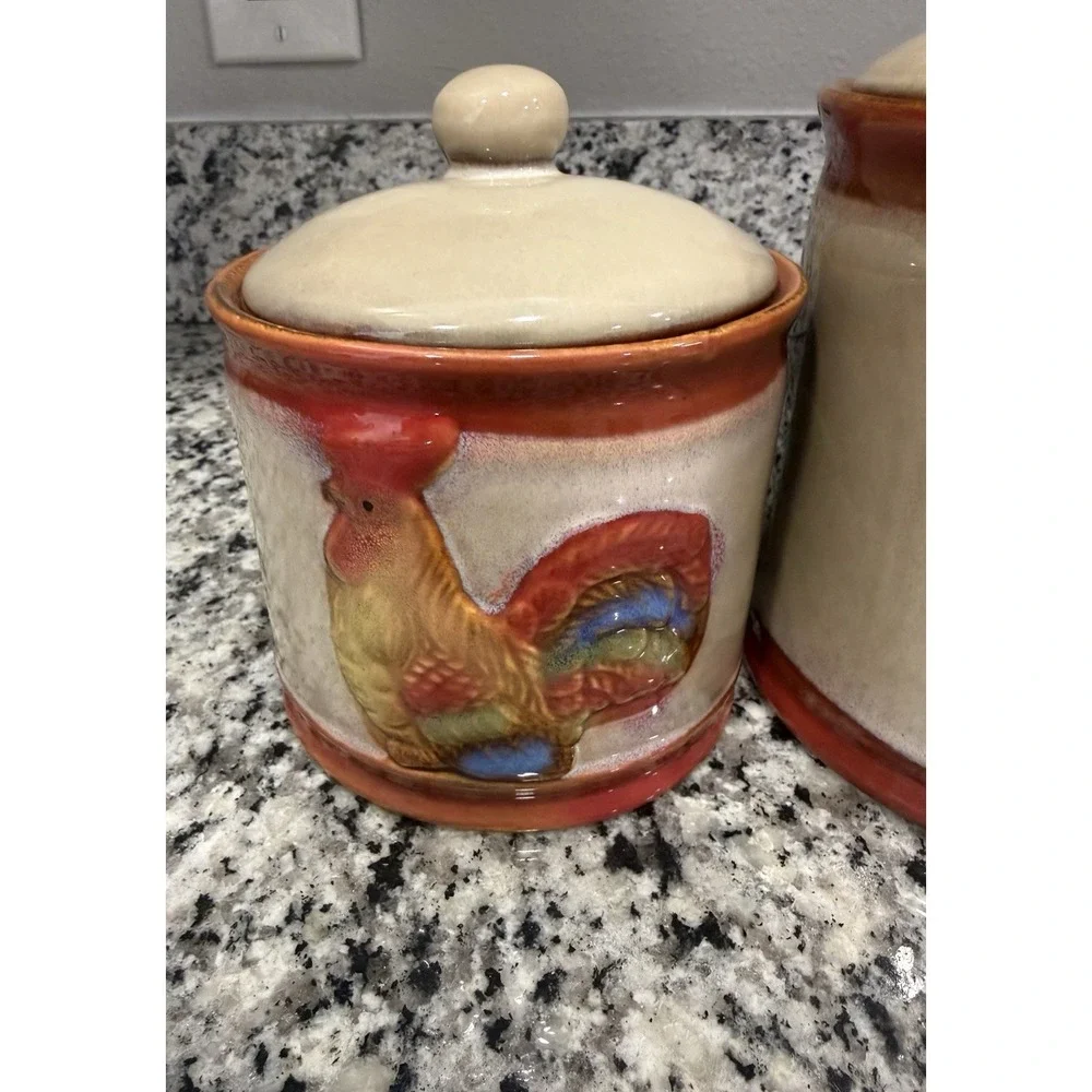 Vintage Rooster Chicken Canister Set of 3 Glazed Pottery Farmhouse Grandma Core
